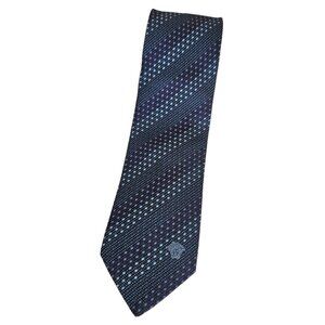 VERSACE Men's 100% Silk Necktie LUXURY Tie XL Blue Geometric Logo W:3.2" EUC